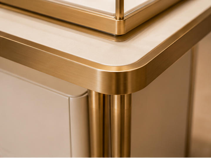 Mixed-Height Gold and White Jewelry Display Console | Tower + Case Set 8 Gold frame, white console and glass showcase material details